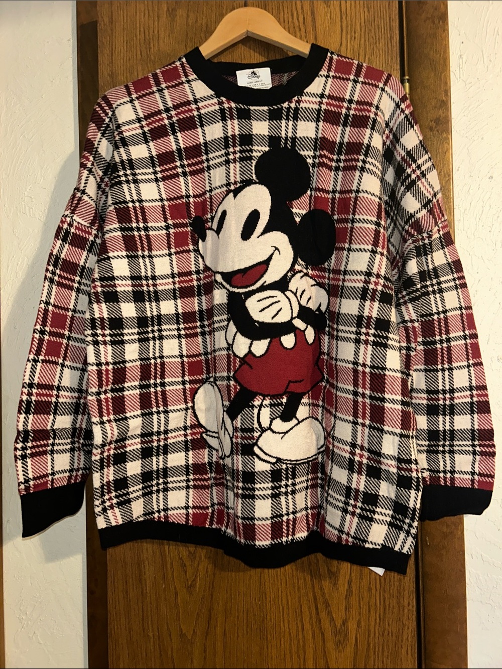 Disney Plaid Knit Sweater with Mickey Mouse - Red, Black, White